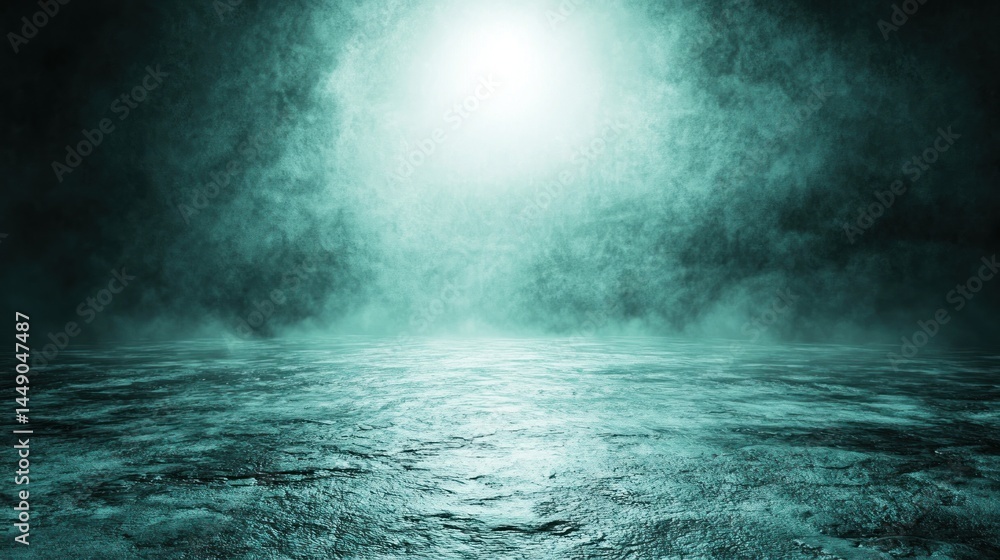 Fototapeta premium Teal smoky, illuminated space, a dramatic backdrop.
