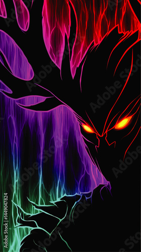 Mysterious Dark Demon with Glowing Eyes and Neon Lightning Aura, Vibrant Abstract Fantasy Villain Illustration