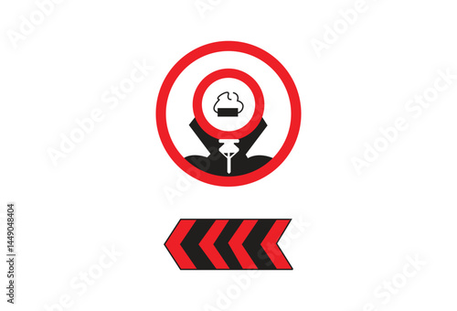 Isolated roadwork sign, black manhole cover with red circle and red and black arrow