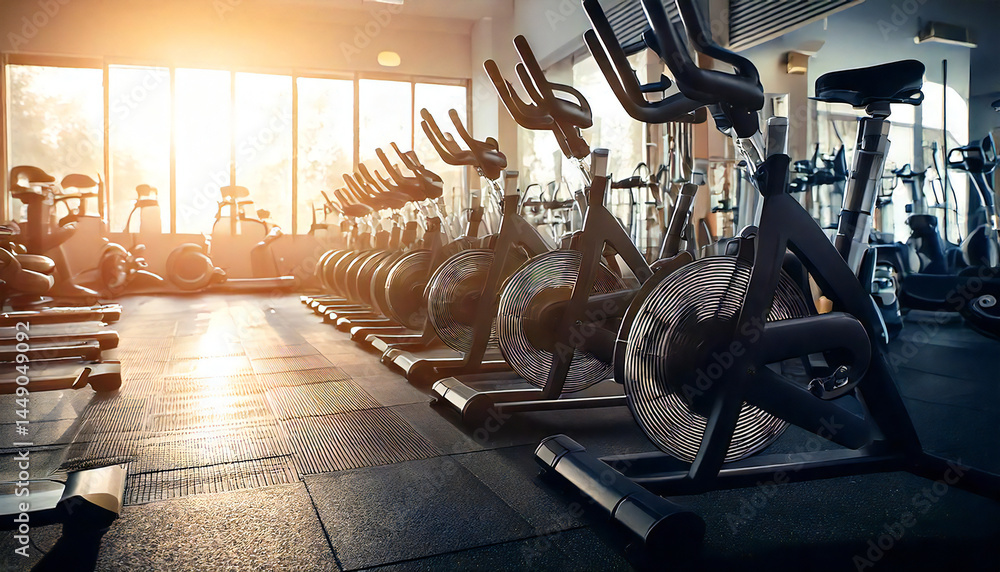 Fototapeta premium トレーニングジムに並んだエクササイズバイク。フィットネスジムとトレーニング機器。Exercise bikes lined up in a training gym. Fitness gym and training equipment.
