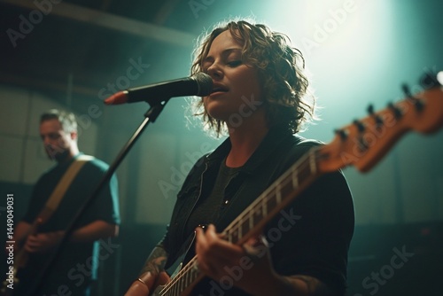 Female Guitarist Singing Live, Moody Lighting for Concert Promotion