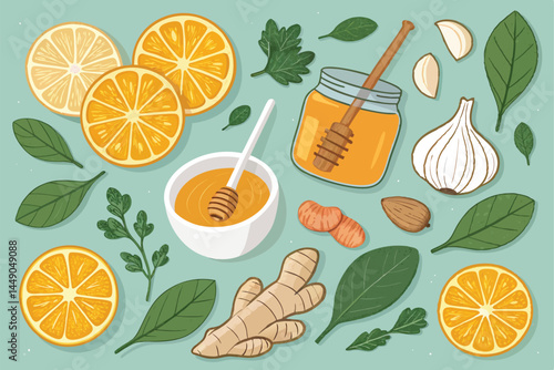 Create a vibrant flat vector illustration showcasing a diverse array of immunity-boosting foods like citrus fruits, berries, ginger, garlic, and leafy greens, arranged attractively.