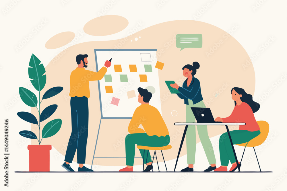 Flat vector illustration of diverse people collaboratively brainstorming ideas around a table, showcasing teamwork and innovation in a modern office setting. Flat vector illustration of diverse people collaboratively brainstorming ideas around a table, showcasing teamwork and innovation in a modern office setting.