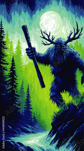 Mysterious Forest Yeti with Antlers at Night by River Under Full Moon – Fantasy Wilderness Creature Illustration