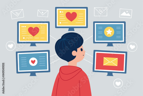 Flat vector illustration of a child intensely staring at multiple screens, depicting digital media overuse and potential screen addiction.