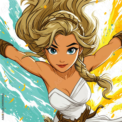 Dynamic Blonde Warrior Woman with Blue Eyes in Greek Inspired Outfit, Animated Style, Energetic Splash Background, Heroic Pose