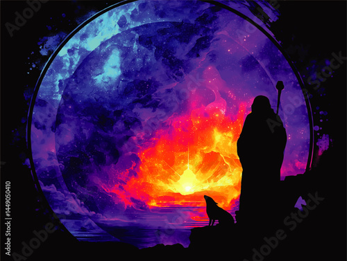 Mystical Silhouette of Wizard and Dog Overlooking Cosmic Sunset Portal – Vibrant Fantasy Digital Art, Surreal Landscape