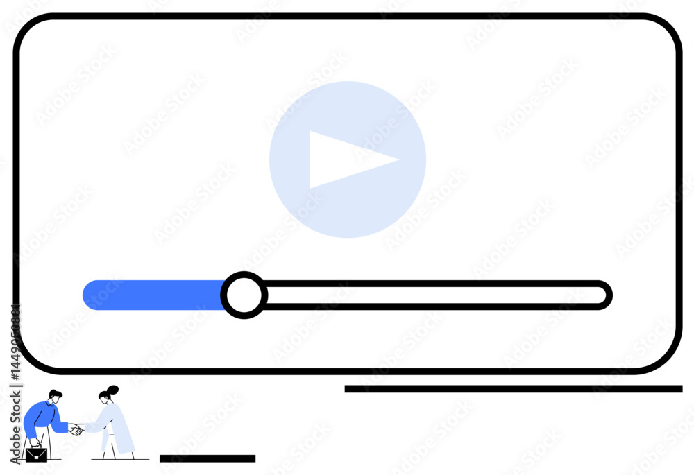 Video player interface with progress bar and play icon. Two tiny figures interact below, signing a document. Ideal for digital media, video streaming, teamwork, multitasking, collaboration Video player interface with progress bar and play icon. Two tiny figures interact below, signing a document. Ideal for digital media, video streaming, teamwork, multitasking, collaboration