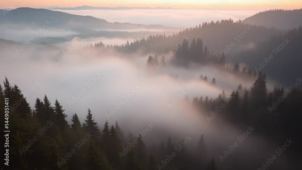 Breathtaking aerial view of a dense forest shrouded in mystic fog at sunrise Breathtaking aerial view of a dense forest shrouded in mystic fog at sunrise