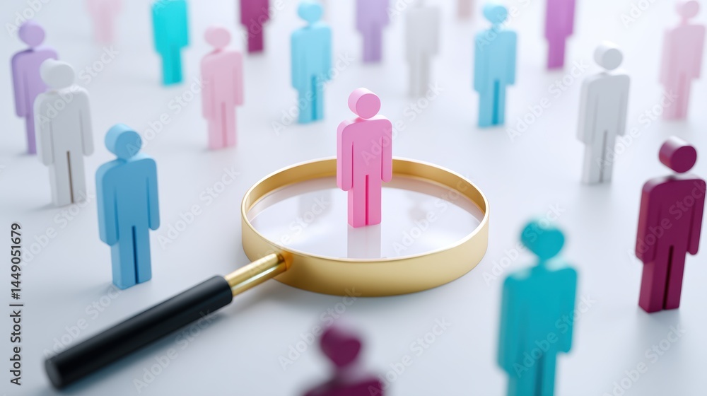 A magnifying glass focuses on a pink figure among colorful silhouettes, symbolizing search or selection in a diverse group. A magnifying glass focuses on a pink figure among colorful silhouettes, symbolizing search or selection in a diverse group.