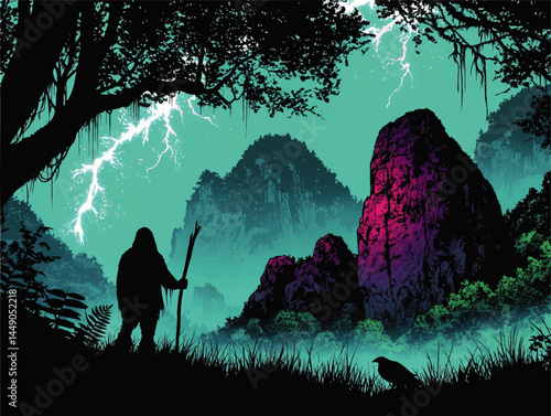 Mysterious Silhouette in Enchanted Jungle at Night with Lightning, Rocky Mountains, and Raven – Fantasy Vector Landscape Illustration