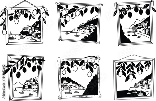 Black and white amalfi coast scenery in frames with lemon branch decoration pattern