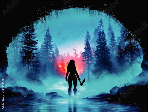 Adventurous Woman Silhouette with Axe Standing in Misty Forest Cave at Sunrise, Mysterious Wilderness Landscape Illustration