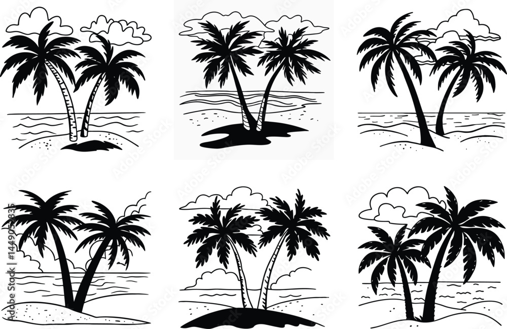 Fototapeta premium Black and white palm trees sketches set with clouds and sea views