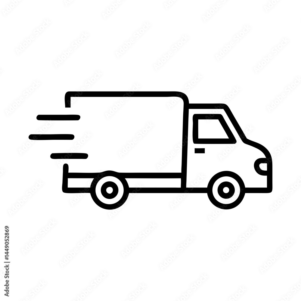 Outline illustration of a delivery truck with dynamic lines indicating fast transport speed. E-commerce delivery transportation Outline illustration of a delivery truck with dynamic lines indicating fast transport speed. E-commerce delivery transportation