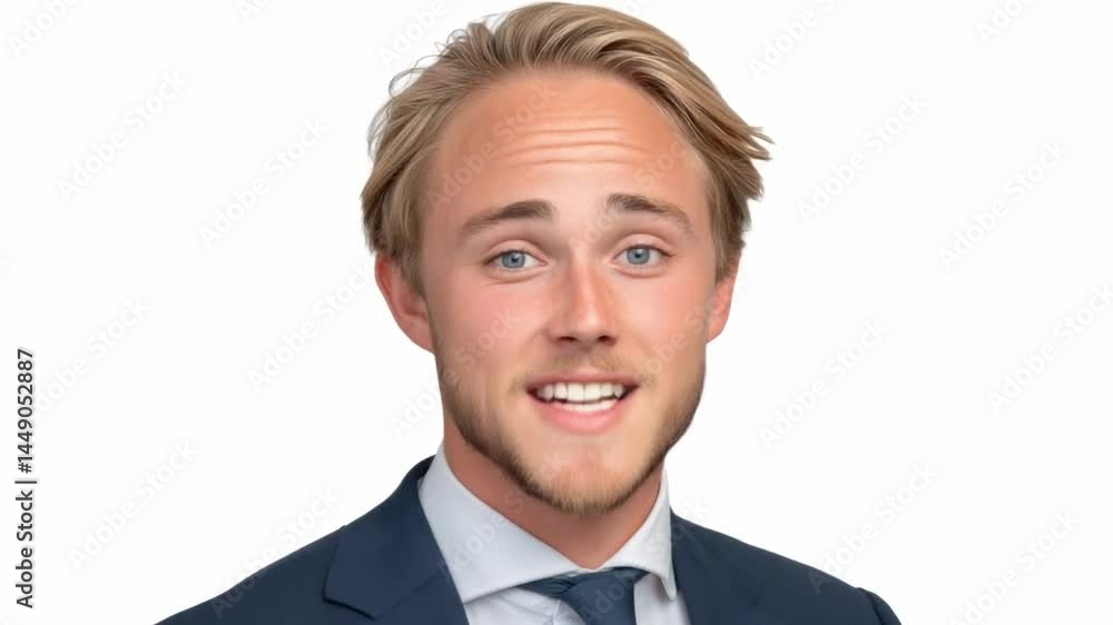 Young Businessman Smiling with Confidence in Professional Attire Against White Background Young Businessman Smiling with Confidence in Professional Attire Against White Background