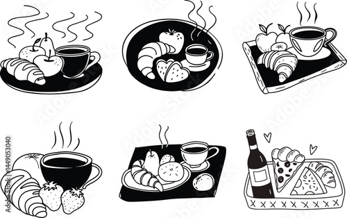 Hand drawn breakfast food set illustration black and white