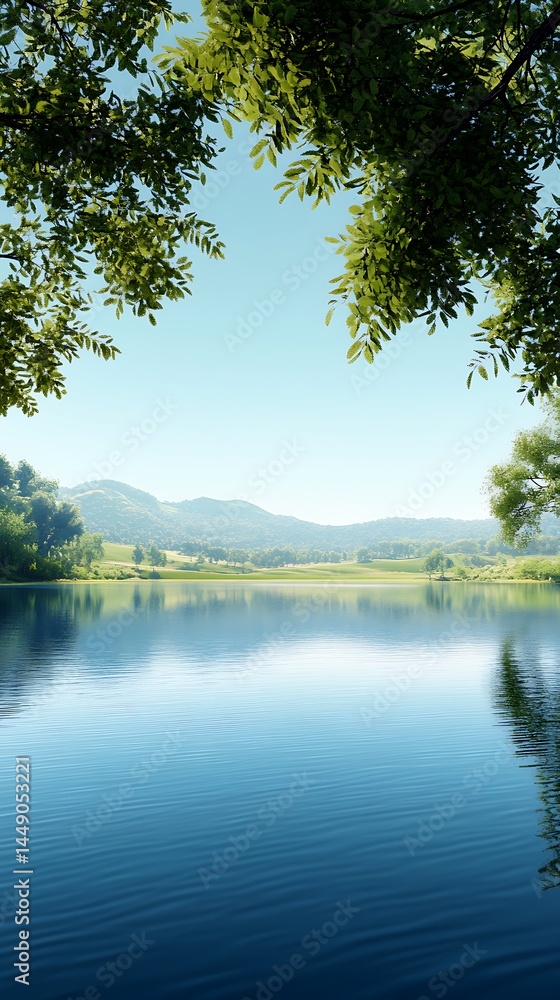 Obraz premium Clear blue water reflects distant green hills under a canopy of vibrant green foliage