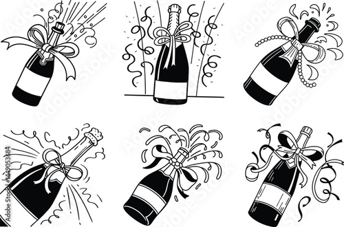 Celebration champagne bottles with ribbons and confetti festive black and white doodles