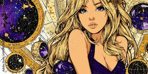 Celestial Blonde Woman in Cosmic Fantasy Scene with Astrolabes and Star Maps – Colorful Anime Illustration for Sci-Fi & Mystic Themes