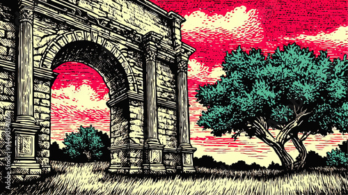 Ancient Roman Stone Arch with Green Tree Illustration, Vintage Engraving Style, Vibrant Red Sunset Sky, Nature Landscape