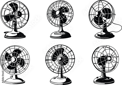 Collection of black and white vintage table fans illustration graphics