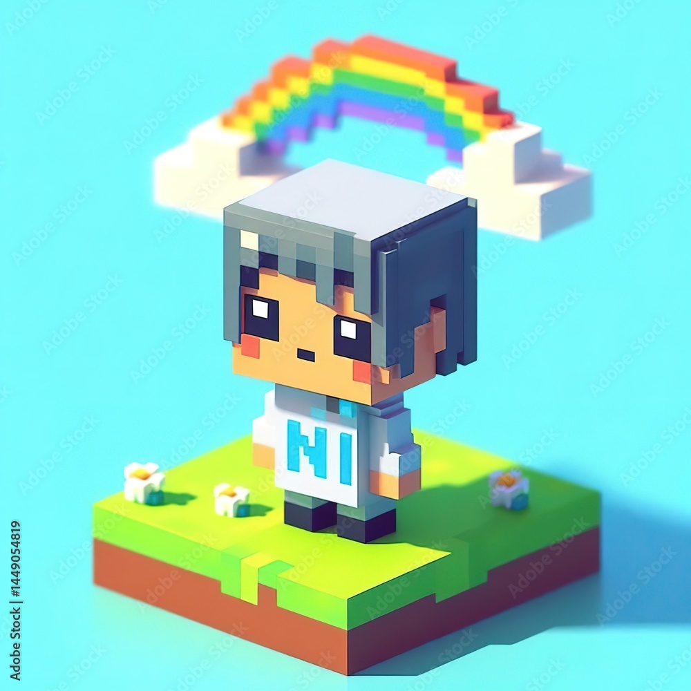 Fototapeta premium Isometric 3d of man with environment nature with rainbow videogame concept assets graphic background