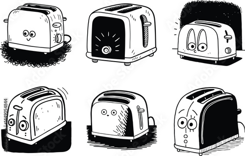 Cartoon toaster characters illustration whimsical kitchen appliance set