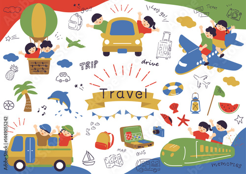 乗り物で旅行を楽しむ子供たち