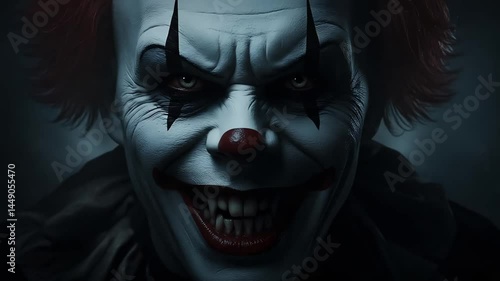 Eerie clown face with dramatic makeup and creepy smile, dark and sinister portrait suitable for horror video concept, Generative AI