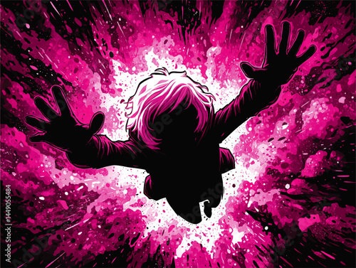 Dynamic Silhouette Falling Into Pink Explosion, Abstract Comic Style Art with Energetic Paint Splash Background for Creative Designs