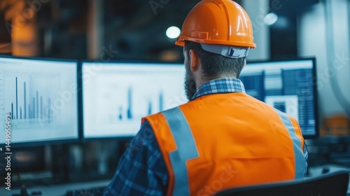 A worker in a high-visibility vest and helmet monitors data on multiple computer screens in an industrial control room.