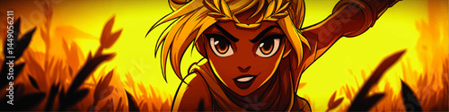 Dynamic Anime Heroine in Golden Wheat Field at Sunset, Energetic Pose, Intense Expression, Vibrant Digital Art Illustration