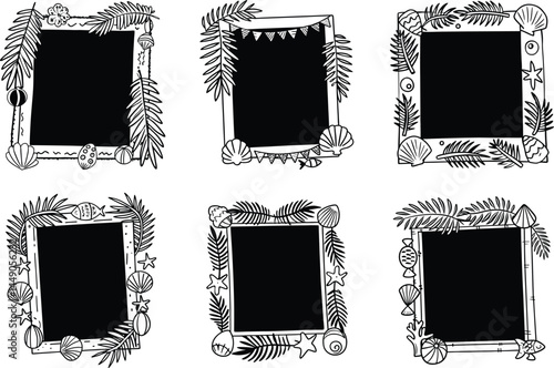 Summer vacation frames with tropical palm leaves and seashells doodles collection