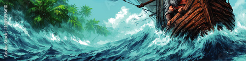 Dramatic Pirate Ship Adventure Illustrative Ocean Scene with Surging Waves and Tropical Island Palms in Vibrant Colors