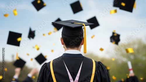 Graduation celebration ceremony with throwing graduation caps and confetti in the air symbolizing academic achievement future success, Generative AI