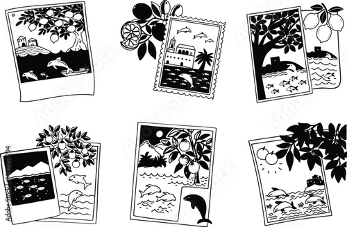 Black and white mediterranean vacation memories with dolphins and citrus fruits