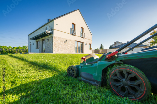 Obraz na płótnie Partially cut grass on the house back garden with wooden shed in the background w salonie