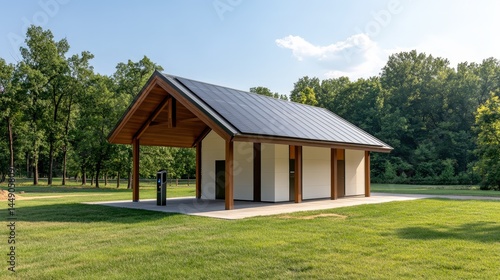 Modern public restroom building in a park surrounded by grass and trees under a sunny sky.