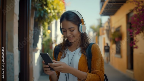 Smiling young Latina woman listening to music with headphones and using a smartphone on a colorful street