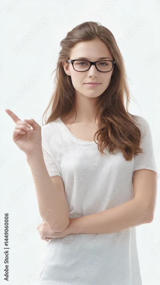 Young woman with glasses points to her left on a white backdrop, wearing a t-shirt with short sleeves