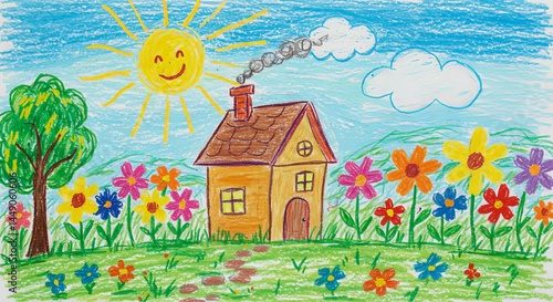 Cheerful crayon drawing of house in field