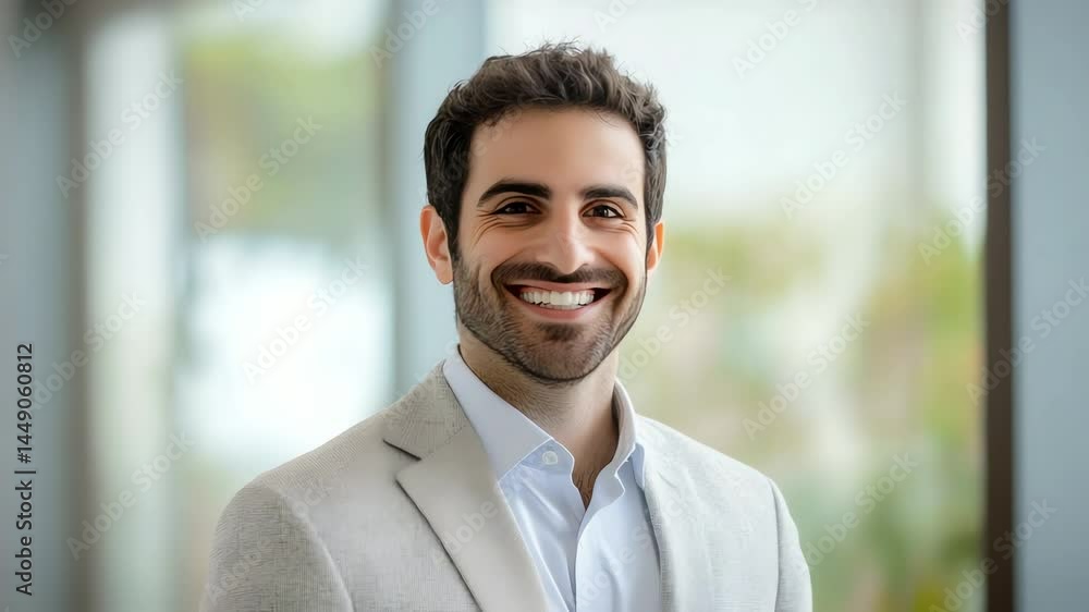 Man in light gray suit smiling, indoor portrait. Man in light gray suit smiling, indoor portrait.