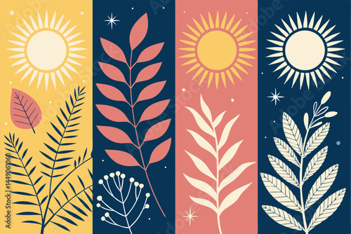 Create a vibrant Matisse-style background featuring stylized sun shapes and bold, contrasting colors.  The design should evoke a sense of joy and energy.