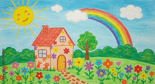 Childlike crayon drawing of house under rainbow