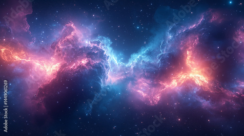 ピンクとブルーが輝く幻想的なエネルギーの波紋風景宇宙空間ファンタジースピリチュアル空間
