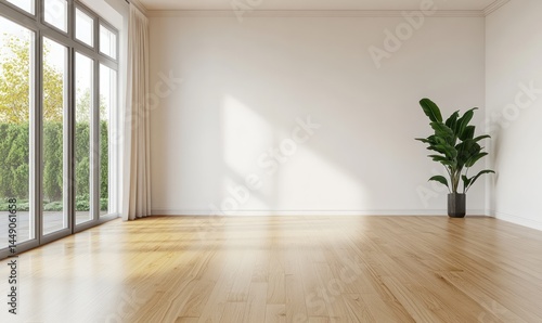 Empty, bright room with large windows overlooking a garden. Natural light streams in, highlighting the wooden floor and white walls. A potted plant sits in the corner
