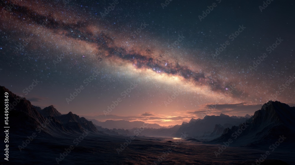 Fototapeta premium A breathtaking panoramic view of a galaxy arching across a night sky, featuring countless stars. The foreground presents a rugged, mountainous terrain, with a serene body of water reflecting the vibra