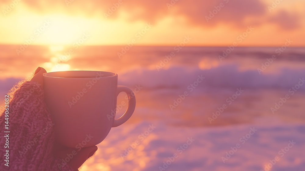 Hand holding a coffee cup with sunset and ocean waves background Hand holding a coffee cup with sunset and ocean waves background