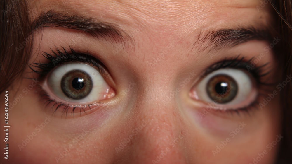 Fototapeta premium Close-up portrait of a person exhibiting wide, expressive eyes, conveying feelings of surprise or shock. The image captures intricate details of the eyes, including the eyelashes and eyebrow structure